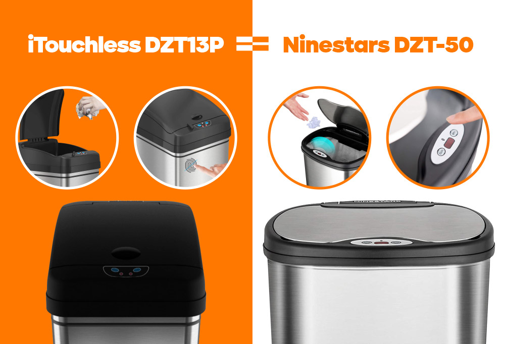 Similarities - 13 Gallon Automatic Trash Can - iTouchless DZT13P vs Ninestars DZT-50